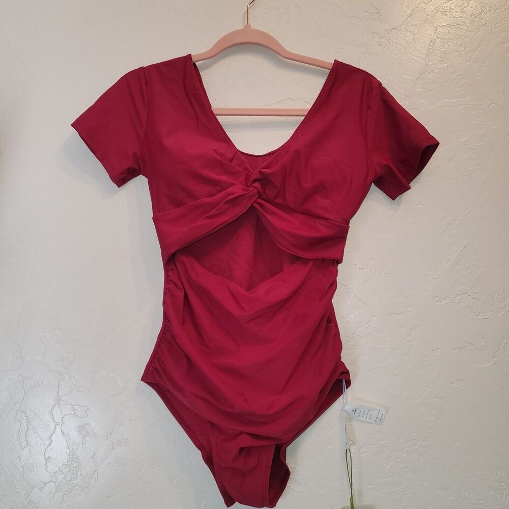 Peddney Womens Sz M One Piece Bathing Swimsuit Twist Open Front Ruche Red Sexy
